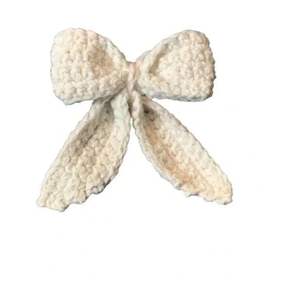 OVERSIZE Crochet Bow Hair Tie White Extra Large Ponytail Coquette Lolita Cottage - Picture 6 of 6